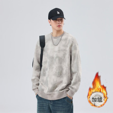 冬季加绒加厚保暖潮牌蜡染卫衣男宽松百搭复古潮流打底锁温上衣