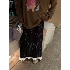 批发气质蕾丝花边下摆波点丝绒半身裙加绒<b class='q'>甜美</b>高腰显瘦直筒中长裙