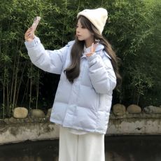 批发温柔风小个子宽松显瘦蓝色连帽棉服外套冬季百搭加厚保暖防寒棉衣