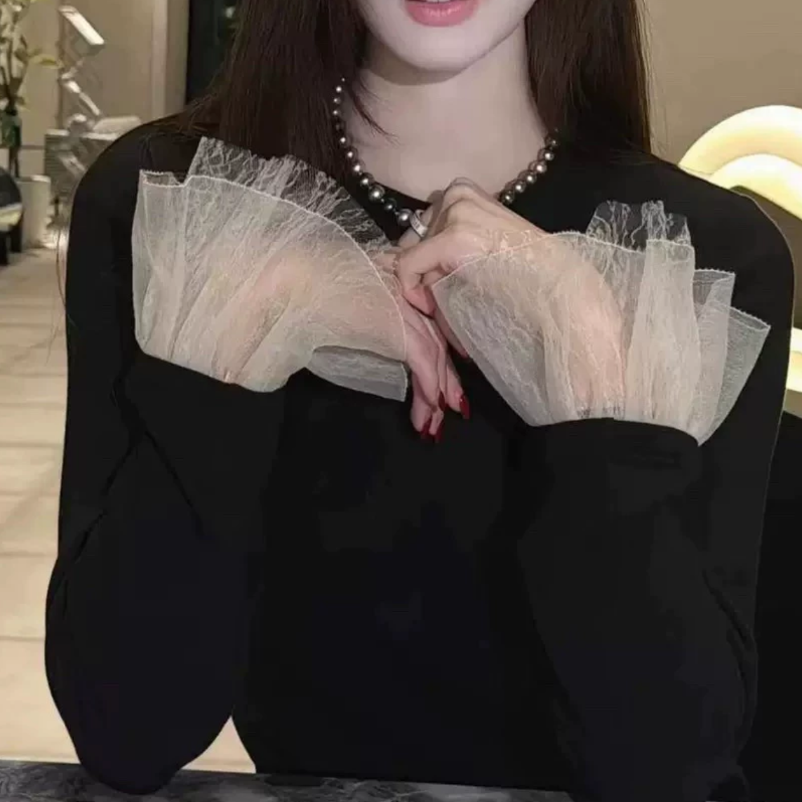 PF27534#设计感蕾丝上衣拼接长袖T恤女秋冬休闲气质黑色打底衫女裝貨源服裝批發