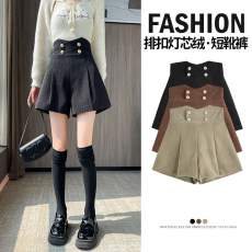 批发实拍灯芯绒<b class='q'>短裤</b><b class='q'>女</b>秋冬季2026新款双排扣宽松a字裤外穿显瘦靴裤子