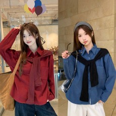 批发实价复古港风假两件披肩衬衫女装长袖2026韩版宽松设计感小众衬衣