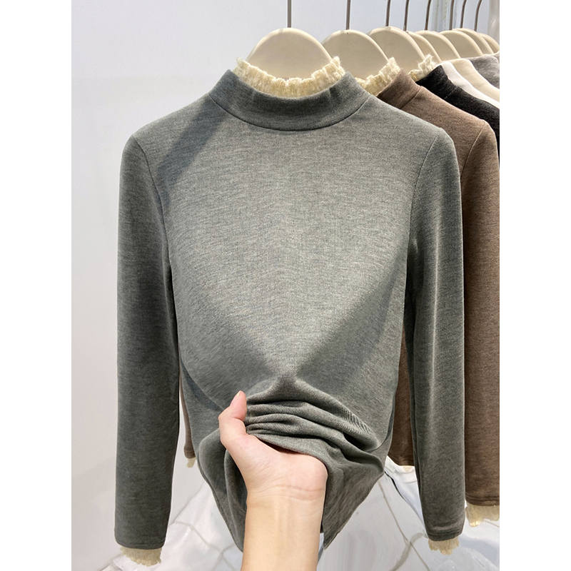 PF27330#半高领蕾丝花边长袖打底衫女秋冬一体绒内搭洋气高级感保暖上衣女裝貨源服裝批發