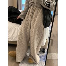 批发韩国东大门 2025松紧腰加厚菱格保暖棉裤女冬季宽松阔腿裤直筒裤
