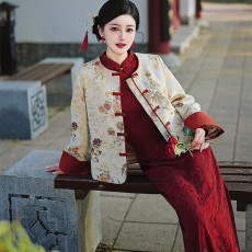 批发6983#实拍 新中式复古提花<b class='q'>外套</b>加绒旗袍<b class='q'>连衣裙</b>套装 上架+40