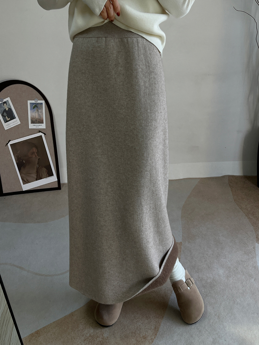 겨울 털이 있는 트임 니트 반신 스커트 여성 롱 스커트 하이웨이스트 표지 넓적 다리 루즈핏 스트레이트 치마 다용도 타이트 스커트