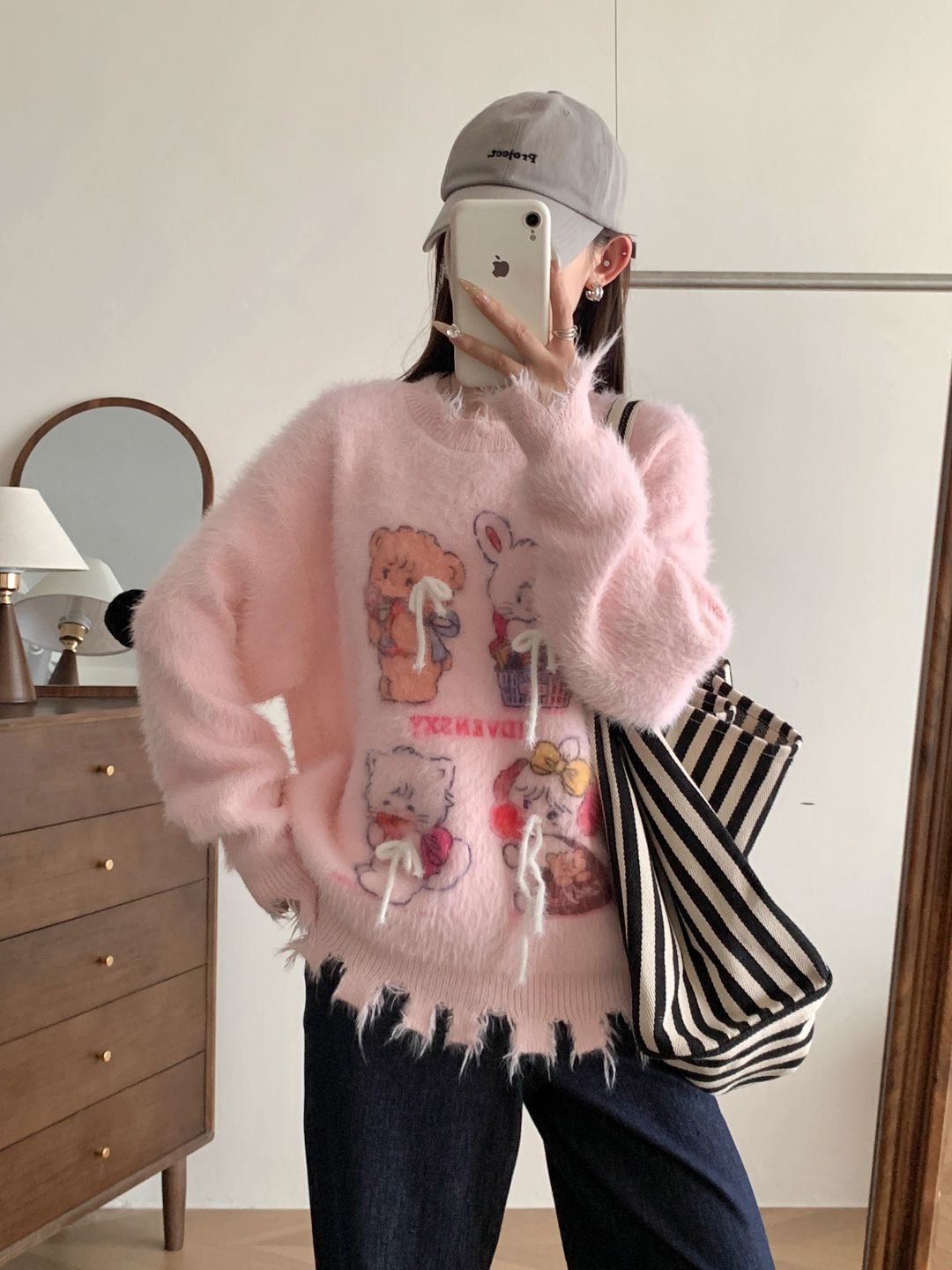 PF27313#甜美卡通水貂毛套头毛衣女秋冬慵懒风软糯休闲针织衫女上衣女裝貨源服裝批發