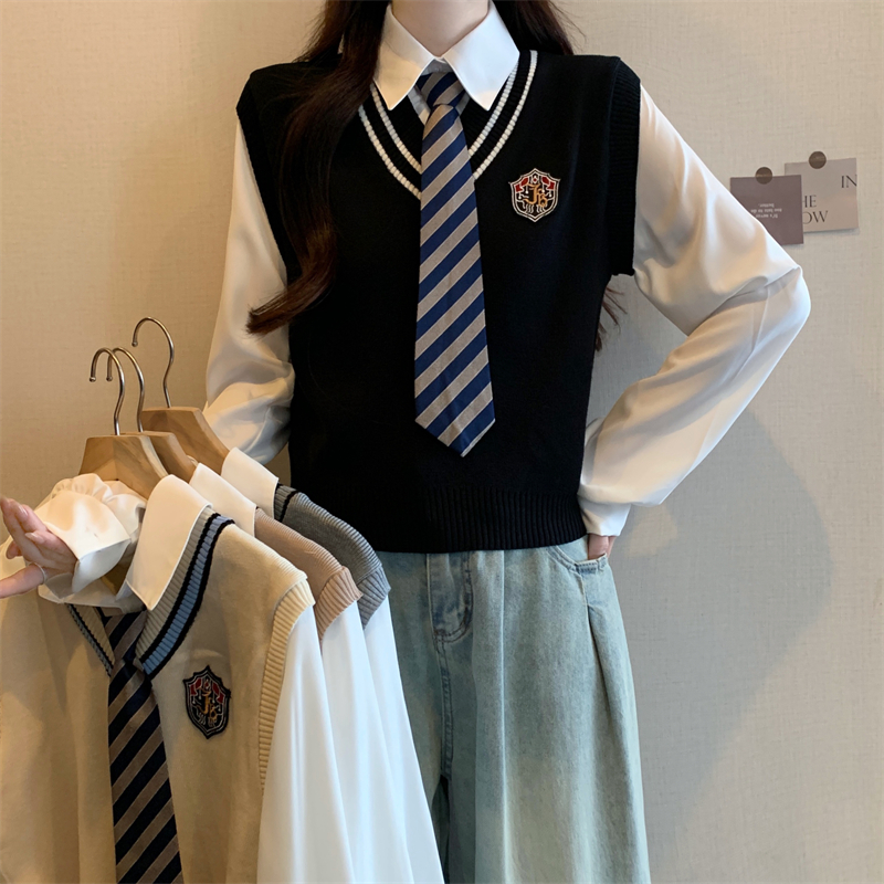 PF27418#新款小众学院风POLO领马甲假两件长袖上衣女女裝貨源服裝批...