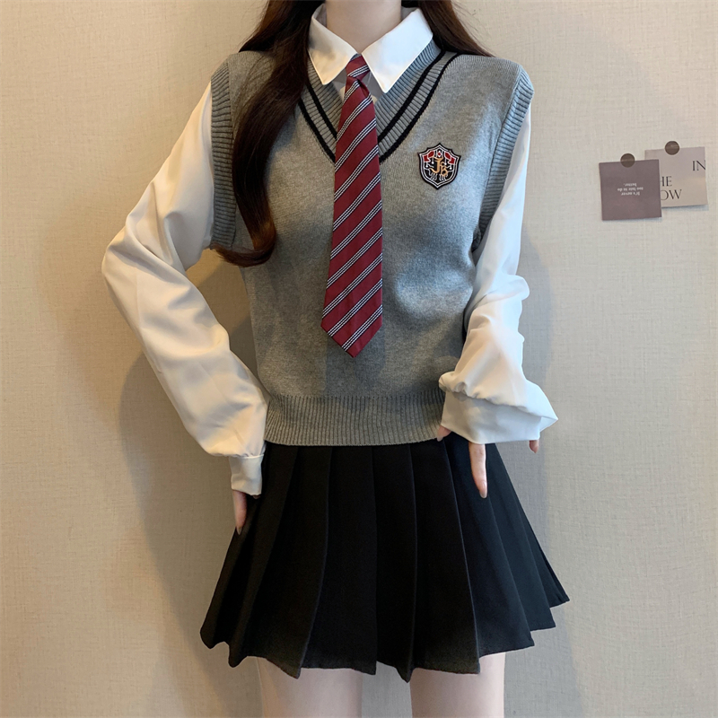 PF28314# 新款小众学院风POLO领马甲假两件长袖上衣女女裝貨源服裝...