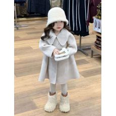 批发韩版童装新品女童呢子大衣秋冬季中小童洋气娃娃领中长款毛呢外套