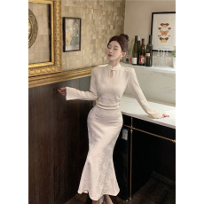 批发实拍！国风改良旗袍 连衣裙 御姐范优雅提花修身立领鱼尾长裙