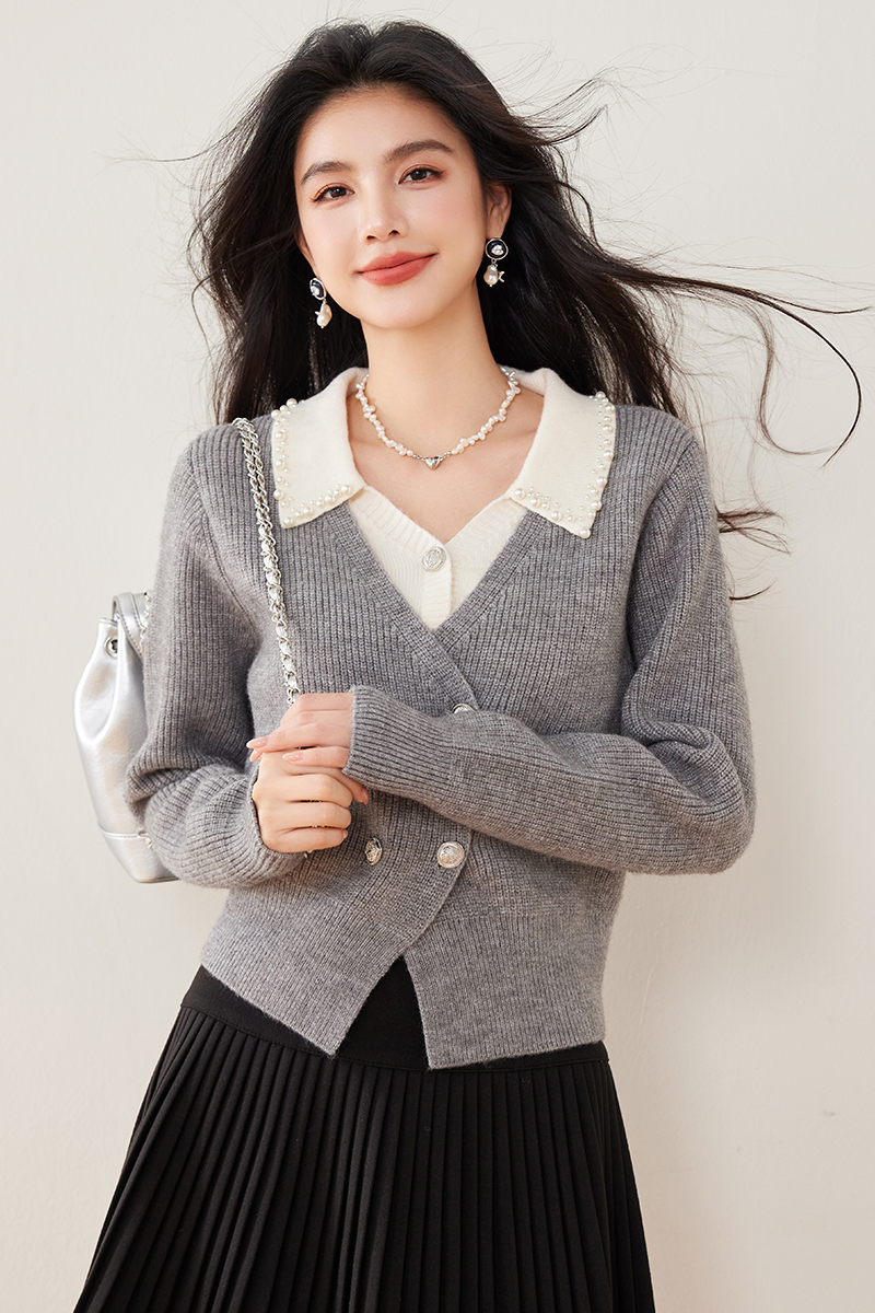 PF27658#灰色假两件毛衣慵懒风针织衫上衣女裝貨源服裝批發