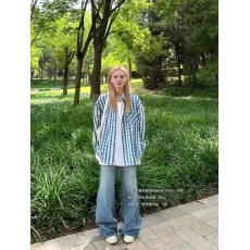 批发袖头褶皱卖点/泡泡袖刺绣<b class='q'>衬衫</b>格子蓝条纹<b class='q'>衬衣</b>宽松中长款有垂感