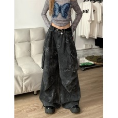批发美式复古迷彩蛇纹工装牛仔裤男女高街直筒阔腿宽松休闲长裤潮