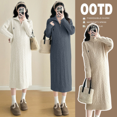 批发实拍#孕妇连衣裙秋冬季2025新款韩版宽松刺绣扭花加厚保暖毛衣裙