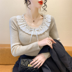 批发实拍 娃娃领<b class='q'>蕾丝</b>花边钉钻领拼接蝴蝶结甜美修身针织衫打底衫