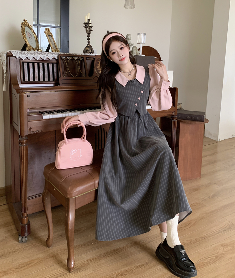 빅 사이즈 여성 의류 지방 mm 학원 스타일 패치워크 출퇴근 긴팔 드레스 페이크 레이어드 하이웨이스트 슬림해 보이는 차 휴식 롱 스커트