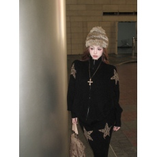 批发实拍 星星豹纹贴布绣宽松保暖针织毛衣外套+针织长款鱼尾半裙套装