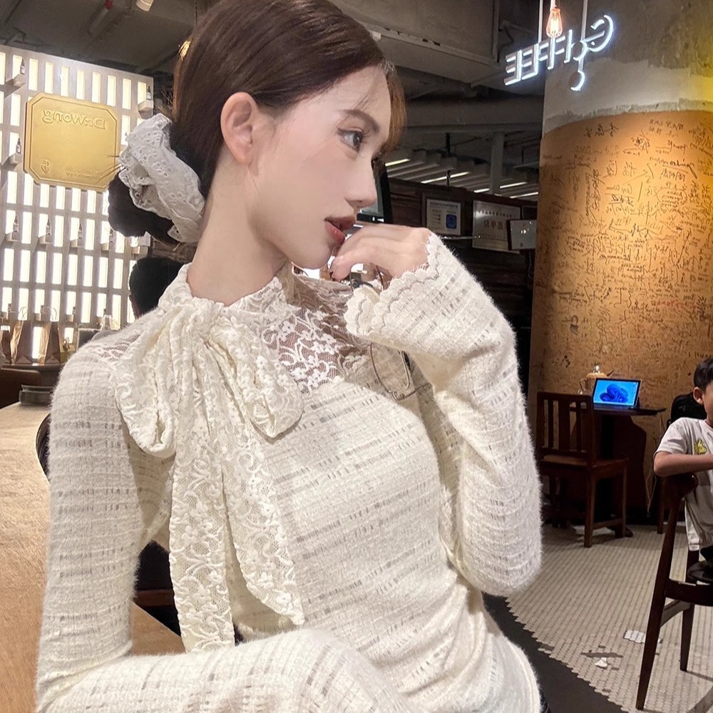 PF27544#蕾丝钩花半高领长袖T恤衫女装秋季小众蝴蝶结绑带内搭上衣女裝貨源服裝批發