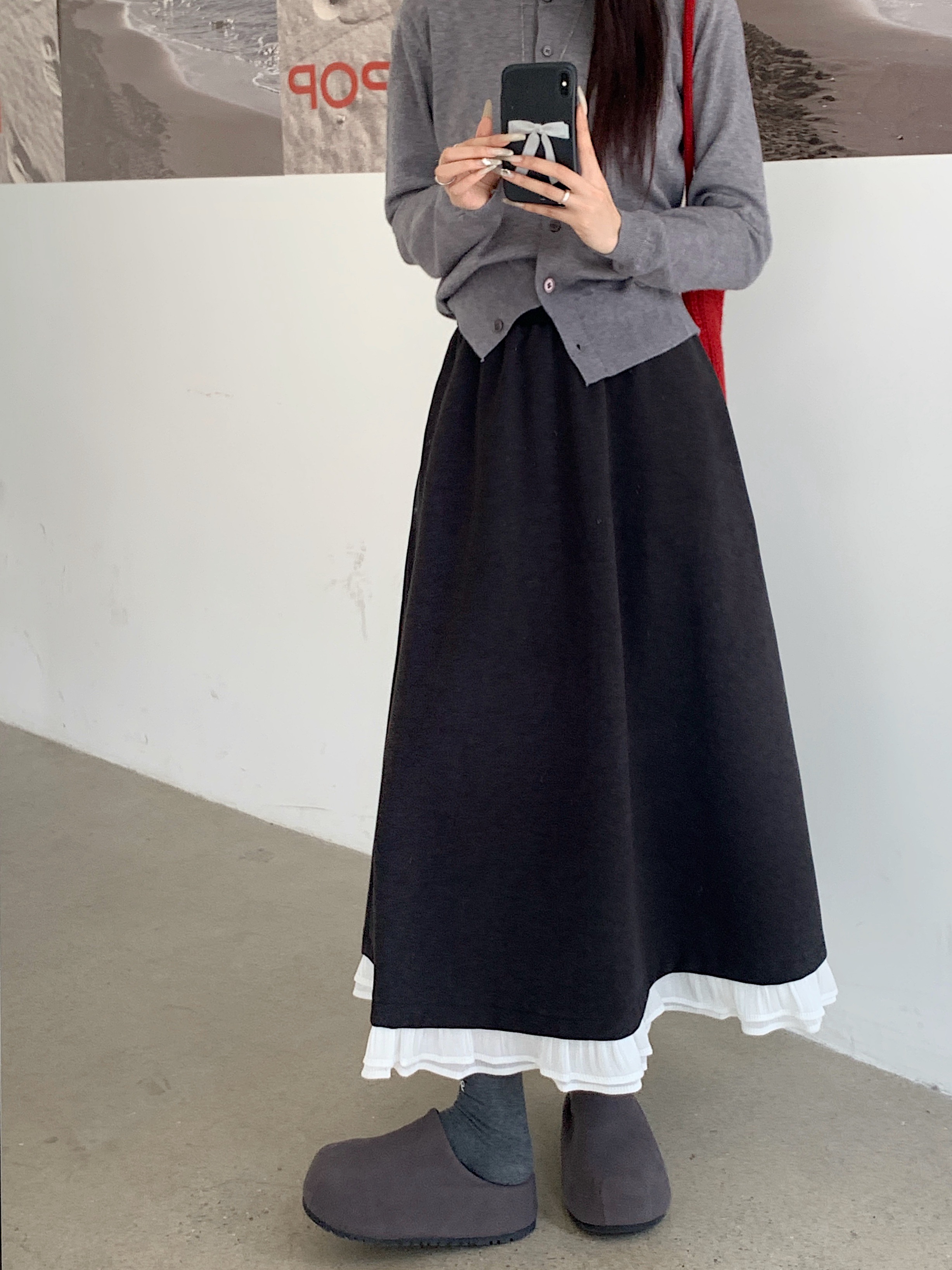 实拍现货 大码胖妹妹毛呢花边拼接半身裙秋冬高腰遮胯a字大摆伞裙