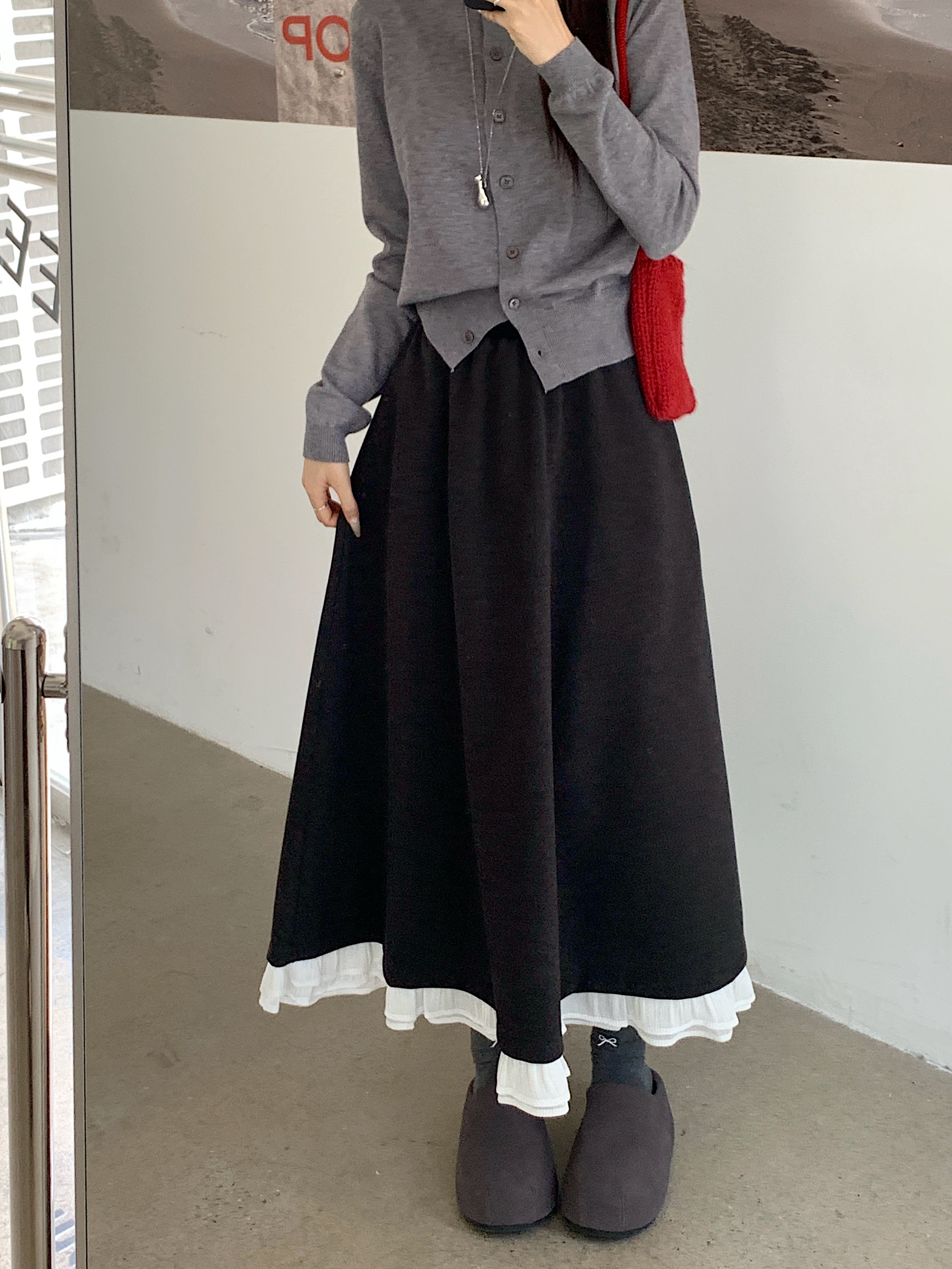 实拍现货 大码胖妹妹毛呢花边拼接半身裙秋冬高腰遮胯a字大摆伞裙