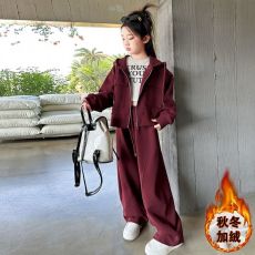 批发女童加绒加厚运动套装秋冬季2025新款韩版儿童连帽外套卫裤两件套