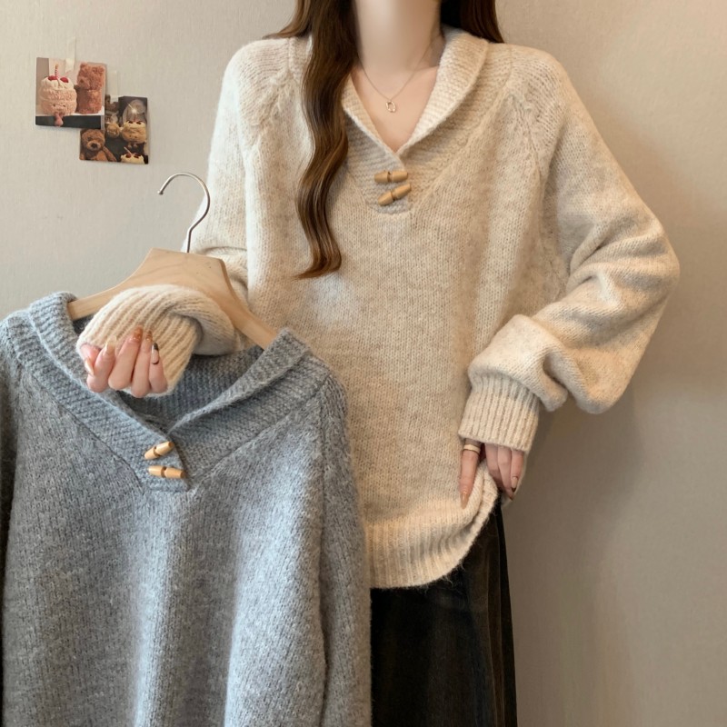 MY15760# 大码胖MM新款设计高级感翻领简约套头长袖毛衣女裝貨源服裝批發