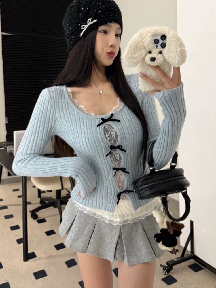 새로운 순수한 욕망 핫걸 홀로우 아웃 패치워크 레이스 스웨터 슬림해 보이는 라운드 넥 긴팔 니트 맨위