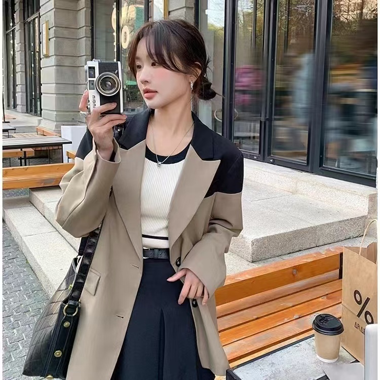 배색 패치워크 정장 여성 코트 가을과 겨울 한 부서 품격 캐주얼 작은 키 고급 센스 튀김 거리 정장