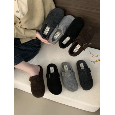 批发韩版复古厚底毛呢勃肯鞋女2024新款加绒保暖懒人一脚蹬包头半拖鞋