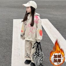 批发女童加绒套装2025冬装新款儿童涂鸦洋气卫衣大童运动卫裤两件套潮
