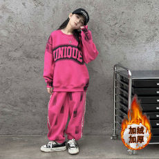 批发女童加绒套装2025冬装新款中大童洋气时髦卫衣运动休闲卫裤两件套