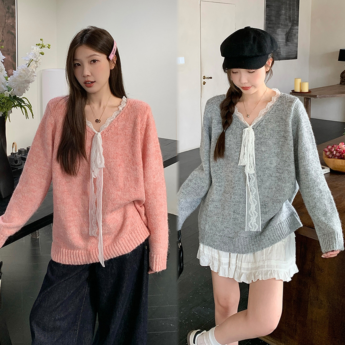 PF29472#新款胖mm大码蝴蝶结蕾丝拼接毛衣针织衫软糯内搭上衣女裝貨源服裝批發