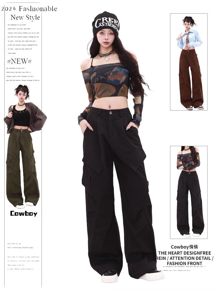 PF28586#全棉包边 美式多口袋做旧休闲裤复古宽松阔腿工装裤女裝貨源服裝批發