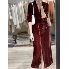 批发真丝丝绒大衣女桑蚕丝外套秋季新款酒红色双排扣长款风衣