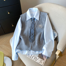 批发实拍 复古学院风时尚叠穿套装女毛衣马甲背心衬衫领带三件套