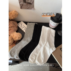 批发实拍实价韩版纯色百搭袜子女中筒袜秋冬堆堆袜长袜女袜纯棉3双装