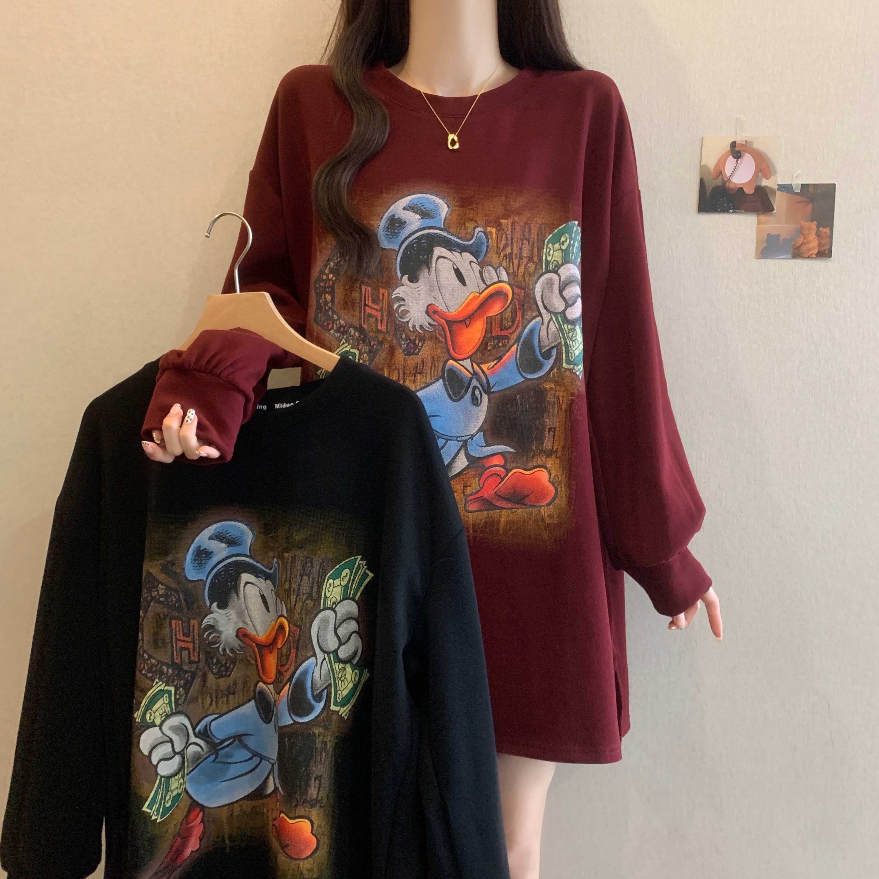 LN68299# 秋冬新款潮牌卡通印花胖妹妹宽松休闲圆领套头外套卫衣 服裝批發女裝批發服飾貨源