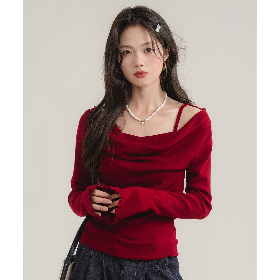 PF27728#复古小众假两件荡领打底衫女显瘦上衣女裝貨源服裝批發