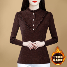 批发秋冬加绒加厚三色半高领荷叶边打底衫女新款<b class='q'>妈妈</b>装内搭暖过冬t恤