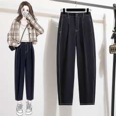 批发实拍好质量针织牛仔裤女春<b class='q'>秋</b>高腰宽松显瘦大码胖mm老爹萝卜裤