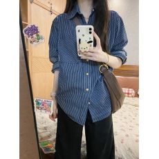 批发港式复古蓝色条纹衬衫<b class='q'>女装</b>春季2006新款宽松休闲初秋薄款<b class='q'>外套</b>上衣