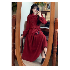 批发大码秋冬新款国风高端气质复古盘扣红色新中式上衣<b class='q'>连衣裙</b>两件套装