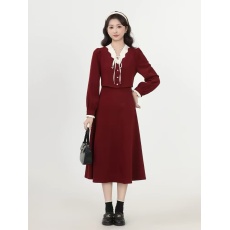 批发秋冬新款圣诞跨年过新年战袍微胖气质显瘦假两件法式红色<b class='q'>连衣裙</b>子