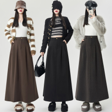 批发灰色毛呢半身裙中长款女秋冬2025新款高腰赫本风a字裙大摆长裙子