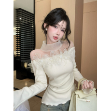 批发实拍 实价 重工轻奢羽毛花朵拼接氛围感网纱堆堆领针织小衫