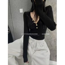 批发秋冬新品设计感领纽扣装饰纯欲风<b class='q'>修身</b>短款磨毛上衣女