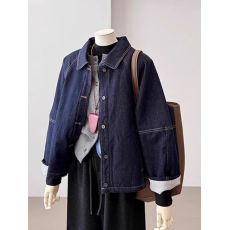 批发网图  藏青色袖口拼接条纹夹棉<b class='q'>牛仔</b><b class='q'>外套</b>