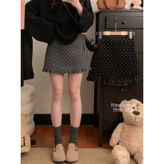 批发实拍实价 灰色波点毛呢A字裙木耳边防走光高腰半身裙小个子包臀裙