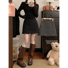 批发实拍实价 灰色波点毛呢A字裙木耳边防走光高腰半身裙小个子包臀裙